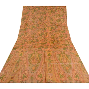 Sanskriti Vintage Sarees Indian Orange Printed Pure Silk Sari Soft Craft Fabric, PR-62359