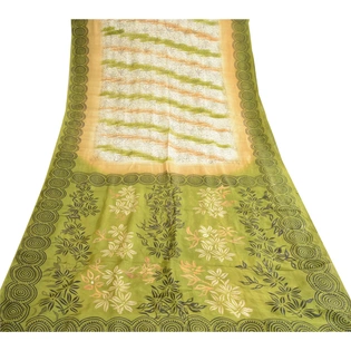 Sanskriti Vintage Green Indian Pure Silk Sarees Print Sari 5Yd Soft Craft Fabric, PR-57354