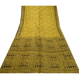 Sanskriti Vintage Sarees Indian Yellow Pure Silk Printed Sari Decor Craft Fabric, PR-64308