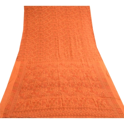 Sanskriti Vintage Rusty Orange Pure Silk Sarees Printed Woven Sari Sewing Fabric, PR-57350