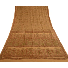 Sanskriti Vintage Salted Caramel Pure Silk Sarees Printed Sari 5Yd Craft Fabric, PR-57181