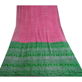 Sanskriti Vintage Pink Indian Pure Silk Sarees Printed Sari Floral Craft Fabric, PR-57203