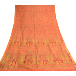 Sanskriti Vintage Orange Pure Silk Sarees Printed Zari Border Sari Craft Fabric, PR-57365