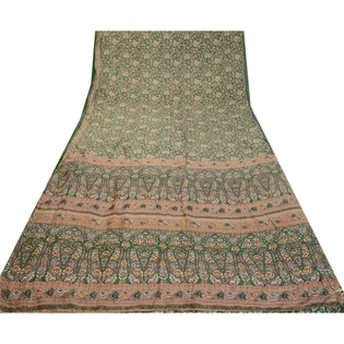 Sanskriti Vintage Sarees From India Green Pure Silk Printed Sari Craft Fabric, PR-64320