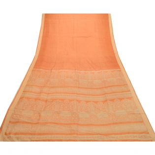 Sanskriti Vintage Sarees Indian Peach Pure Silk Printed Sari Soft Craft Fabric, PR-64165