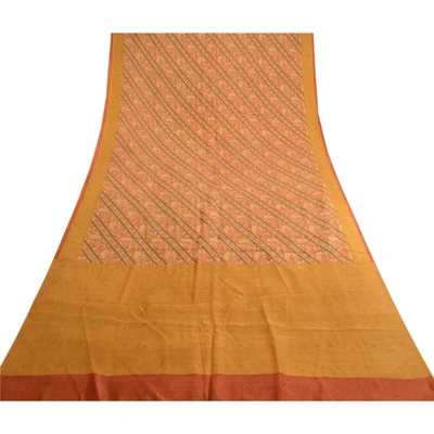 Sanskriti Vintage Sarees Orange 100% Pure Silk Printed Sari Floral Craft Fabric, PR-62061