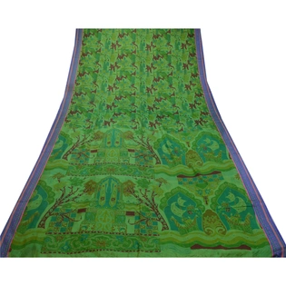 Sanskriti Vintage Sarees From India Green Printed Pure Silk Sari Craft Fabric, PR-64148