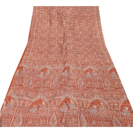 Sanskriti Vintage Rusty Orange Sarees Pure Silk Printed Craft Decor Fabric Sari, PR-52382