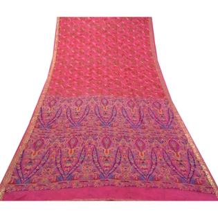 Sanskriti Vintage Sarees Indian Pink Pure Silk Printed Woven Sari Craft Fabric, PR-64376