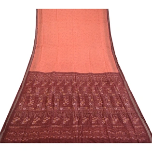 Sanskriti Vintage Sarees Indian Peach Pure Silk Printed Sari Soft Craft Fabric, PR-64044