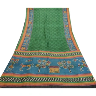 Sanskriti Vintage Sarees Green Warli Art Block Print Pure Silk Sari Craft Fabric, PR-64359