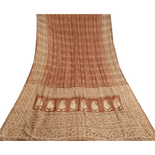 Sanskriti Vintage Sarees Indian Block Printed Brown Pure Silk Sari Craft Fabric, PR-64088