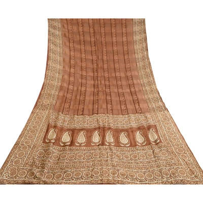 Sanskriti Vintage Sarees Indian Block Printed Brown Pure Silk Sari Craft Fabric, PR-64088