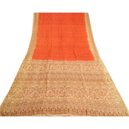 Sanskriti Vintage Sarees Orange Peacock Women Print Pure Silk Sari Craft Fabric, PR-64062