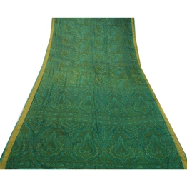 Sanskriti Vintage Sarees Indian Green Printed Pure Silk Sari Floral Craft Fabric, PR-64143