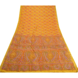 Sanskriti Vintage Sarees Yellow Pure Silk Zari Border Printed Sari Craft Fabric, PR-64121