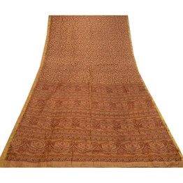 Sanskriti Vintage Sarees Caramel Zari Border Printed Pure Silk Sari Craft Fabric, PR-64422