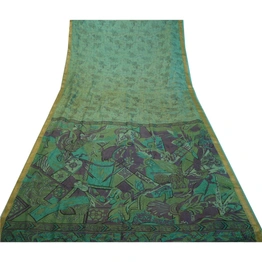 Sanskriti Vintage Sarees Green Zari Border Pure Silk Printed Sari Craft Fabric, PR-64199