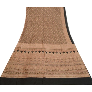 Sanskriti Vintage Sarees Indian Black Printed Pure Silk Sari Soft Craft Fabric, PR-64437