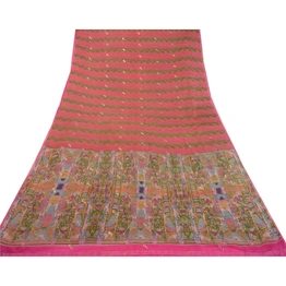 Sanskriti Vintage Sarees Pink Pure Chinon Silk Printed Woven Sari Craft Fabric, PR-64134