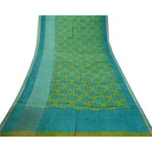 Sanskriti Vintage Sarees Indian Green Printed 100% Pure Silk Sari Craft Fabric, PR-64156