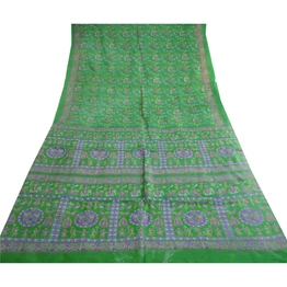 Sanskriti Vintage Sarees Green Warli Art Pure Silk Printed Sari 5Yd Craft Fabric, PR-62650