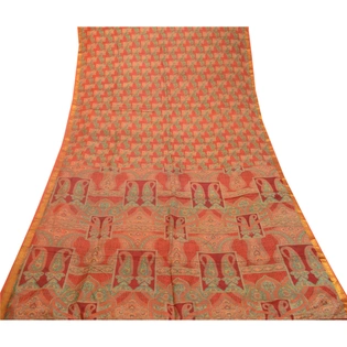 Sanskriti Vintage Sarees Orange-Green Zari Border Printed Pure Silk Sari Fabric, PR-64454