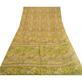 Sanskriti Vintage Sarees Indian Green Pure Silk Printed Sari 5Yd Craft Fabric, PR-62670