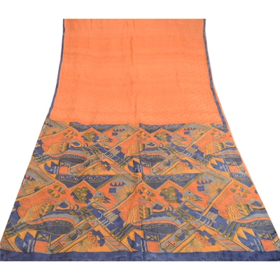 Sanskriti Vintage Peach 100% Pure Silk Printed Woven Sarees Sari Craft Fabric, PR-60147