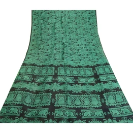 Sanskriti Vintage Sarees Black-Green Animal Women Printed Pure Silk Sari Fabric, PR-64468