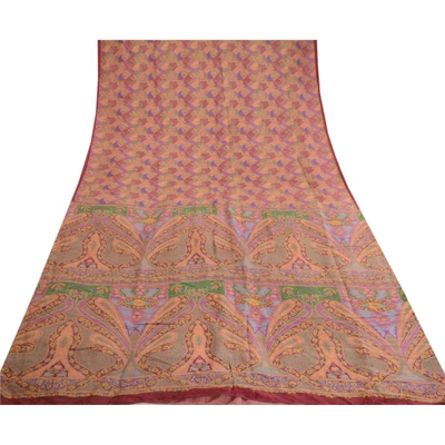 Sanskriti Vintage Indian Sarees Pink Printed 100% Pure Silk Sari Craft Fabric, PR-60082