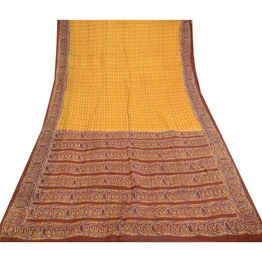 Sanskriti Vintage Yellow Printed Indian Sarees Pure Silk Sari 5Yd Craft Fabric, PR-60137