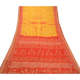 Sanskriti Vintage Sarees Yellow & Red Tie-Dye 100% Pure Silk Printed Sari Fabric, PR-64482