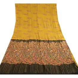 Sanskriti Vintage Yellow Printed Sarees 100% Pure Silk Sari Floral Craft Fabric, PR-59828