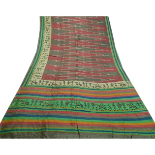 Sanskriti Vintage Sarees Red-Green Warli Art Printed Pure Silk Sari Craft Fabric, PR-64516