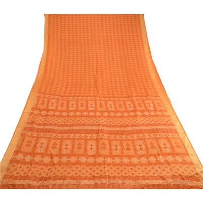 Sanskriti Vintage Saffron Bandhani Printed Sarees Pure Silk Sari Craft Fabric, PR-59800