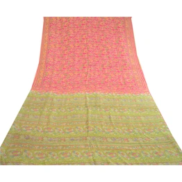 Sanskriti Vintage Pink Indian Sarees Pure Silk Printed Sari Floral Craft Fabric, PR-59801