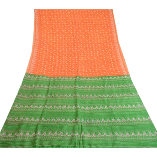 Sanskriti Vintage Sarees Indian Orange Pure Silk Printed Sari 5Yd Craft Fabric, PR-59720