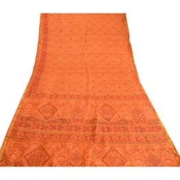 Sanskriti Vintage Saffron Printed Sarees Pure Silk Zari Border Sari Craft Fabric, PR-59661