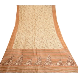 Sanskriti Vintage Cream Indian Sarees Pure Silk Printed Sari 5Yd Craft Fabric, PR-59663