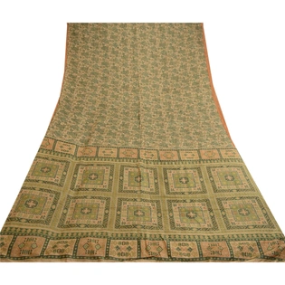 Sanskriti Vintage Green Indian Sarees 100% Pure Silk Printed Sari Craft Fabric, PR-58955