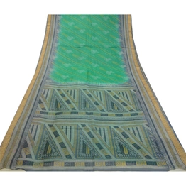 Sanskriti Vintage Sarees Green & Gray Pure Silk Printed Sari Floral Craft Fabric, PR-64555