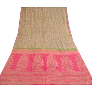 Sanskriti Vintage Green Indian Sarees Pure Silk Printed Sari Floral Craft Fabric, PR-57907