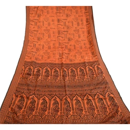 Sanskriti Vintage Orange Indian Printed Sarees Pure Silk Sari Soft Craft Fabric, PR-59451