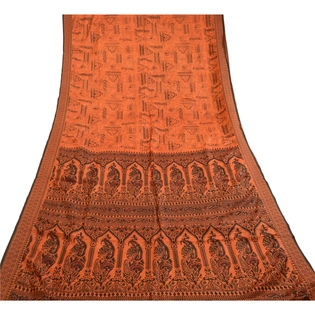 Sanskriti Vintage Orange Indian Printed Sarees Pure Silk Sari Soft Craft Fabric, PR-59451