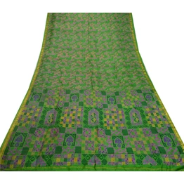 Sanskriti Vintage Sarees Green Zari Border Pure Silk Printed Sari Craft Fabric, PR-64547