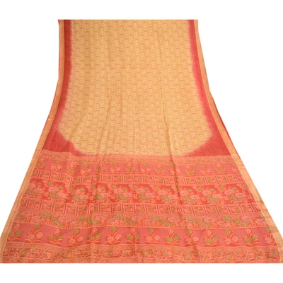 Sanskriti Vintage Red & Cream Sarees Pure Silk Zari Border Printed Sari Fabric, PR-57903