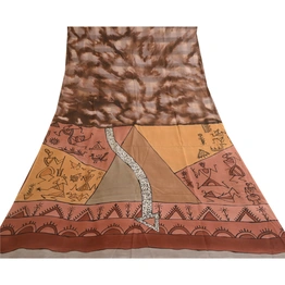 Sanskriti Vintage Brown Warli Art Printed Sarees Pure Silk Sari 5Yd Craft Fabric, PR-57761