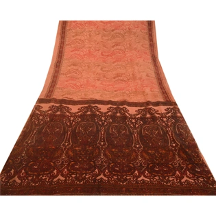 Sanskriti Vintage Sarees Peach & Dark Red Pure Silk Printed Sari Craft Fabric, PR-64576