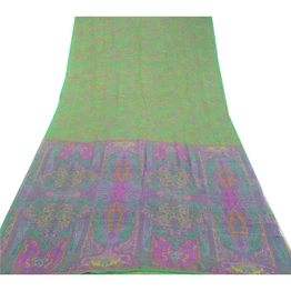 Sanskriti Vintage Sarees Green & Purple Pure Silk Printed Sari Craft Fabric, PR-64577